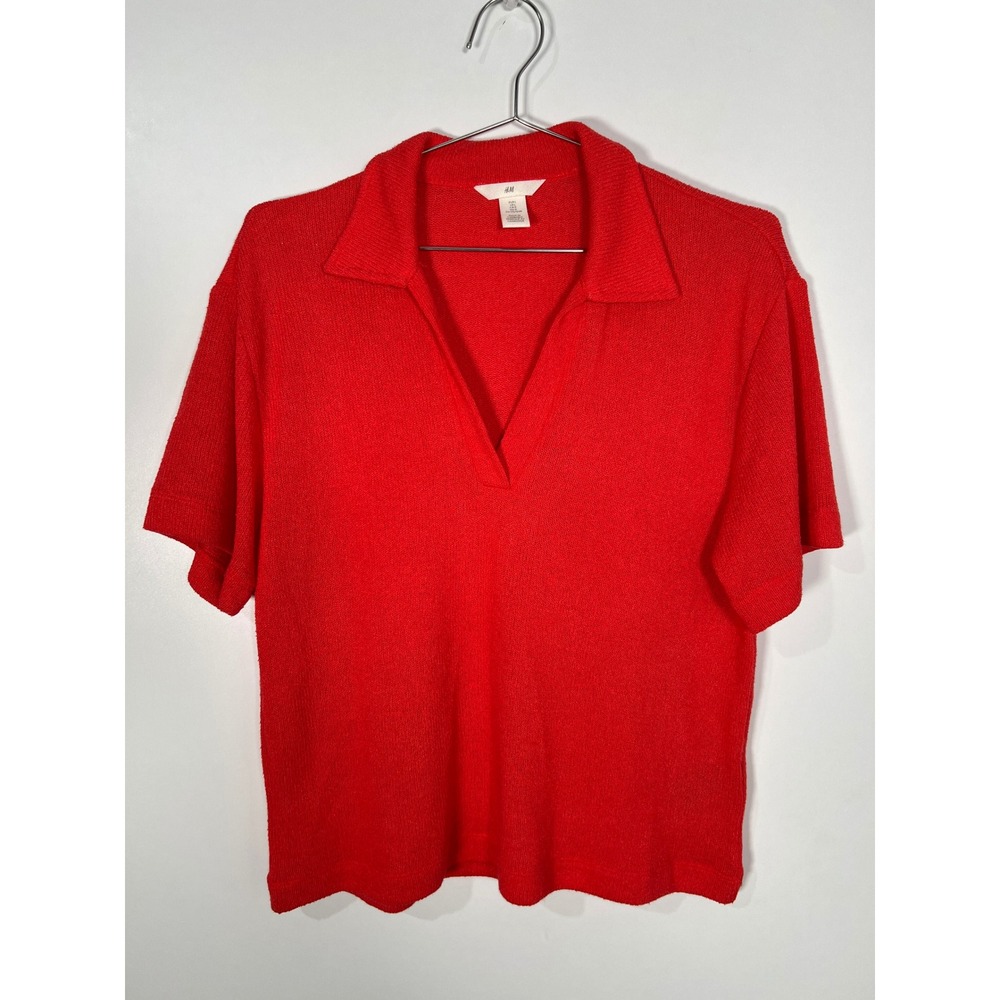 H&M Red Solid Knit V-Neck Polo Short Sleeve Top Casual Preppy Large